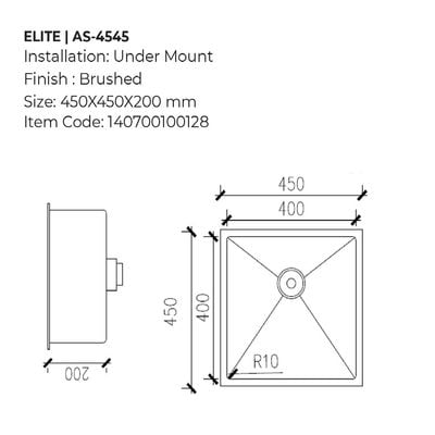 حوض مطبخ ميلانو ايليت SS مقاس S/B 450X450X200 AS-4545 مصقول