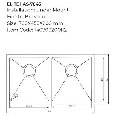 حوض مطبخ ميلانو ايليت SS مقاس D/B 780X450X200 AS-7845 مصقول