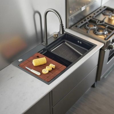 Milano Kitchen Sink Complete Set With Faucet, Drainer, Chopping Board, Pvd Basket And Cup Washer Accessories  