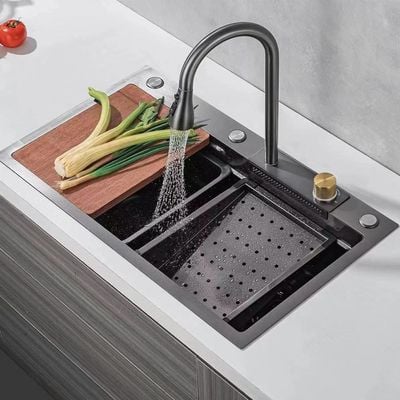 Milano Kitchen Sink Complete Set With Faucet, Drainer, Chopping Board, Pvd Basket  Accessories (Adl-7546)