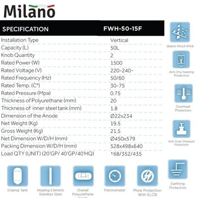 Milano Vertical Electric Water Heater Combo - 50 L