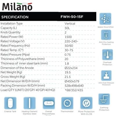 Milano Vertical Electric Water Heater - 50 L
