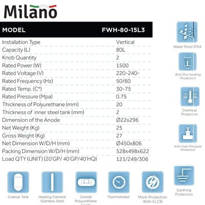 سخان مياه كهربائي عمودي ميلانو - 80 لتر
