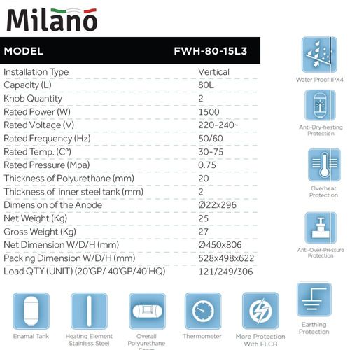 Milano Vertical Electric Water Heater - 80 L
