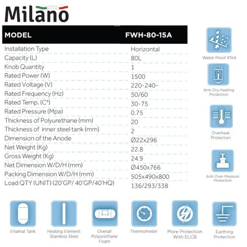 ميلانو سخان مياه كهربائي أفقي - 80 لتر