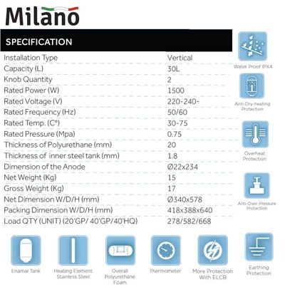 Milano Vertical Electric Water Heater - 30 L