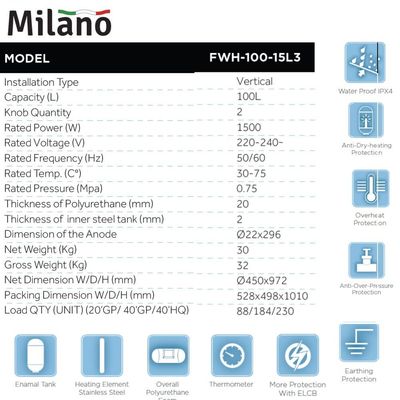 ميلانو سخان مياه كهربائي عمودي -100 لتر