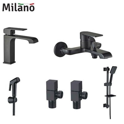 Milano Power Collection-Matt Black Basin+Bath+Shattaf+Angle Valve+Kit