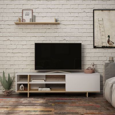 Stockton TV Unit Up To 65 Inches With Storage - White/Oak - 2 Years Warranty