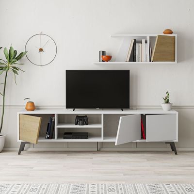 Mourah Fiona Tv Unit Up To 70 Inches With Storage - White/Oak - 2 Years Warranty