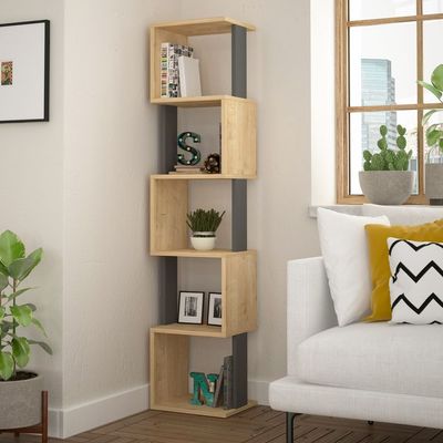 Mourah Piri Corner Bookcase - Oak/Anthracite - 2 Years Warranty