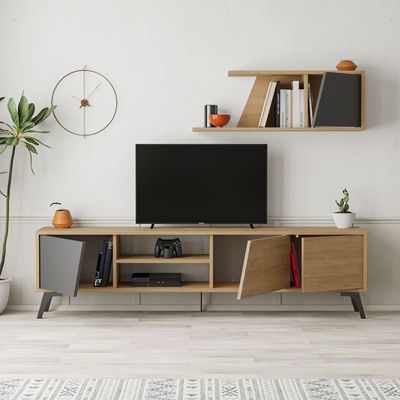 Mourah Fiona Tv Unit Up To 70 Inches With Storage - Oak/Anthracite - 2 Years Warranty