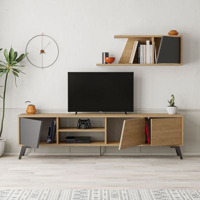 Fiona TV Unit Up To 70 Inches With Storage - Oak/Anthracite - 2 Years Warranty