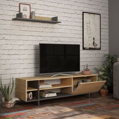 Stockton TV Unit Up To 65 Inches With Storage - Oak/Anthracite - 2 Years Warranty