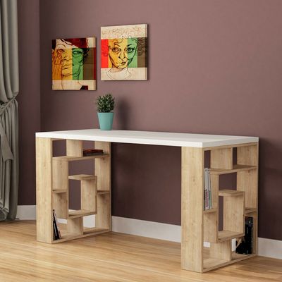 Mourah Labirent Working Table With Storage - White/Oak  - 2 Years Warranty