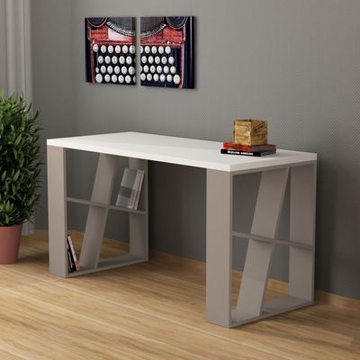 Mourah Honey Working Table With Storage - White/Light Mocha - 2 Years Warranty