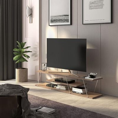 Home Canvas Tars Modern TV Stand Walnut Chrome 143 x 32 x 31centimeter