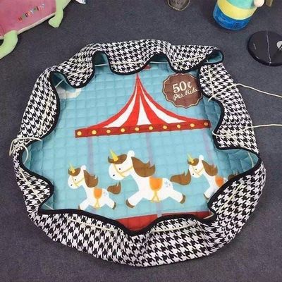 Kids Animal Carousel Pattern Portable Mat Blue Dia:150cm