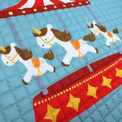 Kids Animal Carousel Pattern Portable Mat Blue Dia:150cm