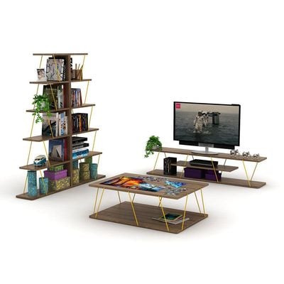 3-Tier Open Shelf Design Century Modern 4 Open Storage Shelves Metal Cables Entertainment Center Low TV Stand For Living Room Multicolour 143x32x31cm