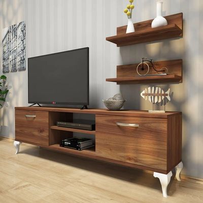 Home Canvas Tv Stand With Wall Shelf Tv Unit With Bookshelf Modern Pedestal Design 150 Cm - Walnut With White Leg