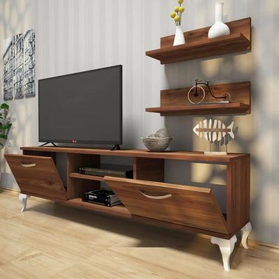 Home Canvas Tv Stand With Wall Shelf Tv Unit With Bookshelf Modern Pedestal Design 150 Cm - Walnut With White Leg