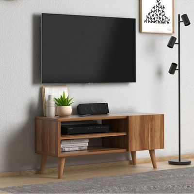 Home Canvas Porto Modern Tv Stand For Living Room, Tv Unit Media Solid Beech Wooden Legs -Walnut