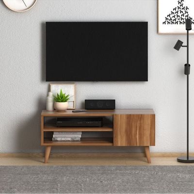 Home Canvas Porto Modern Tv Stand For Living Room, Tv Unit Media Solid Beech Wooden Legs -Walnut