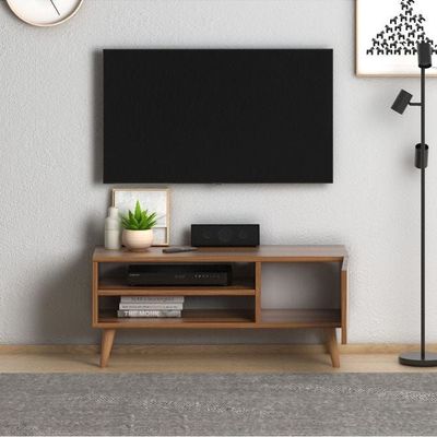 Home Canvas Porto Modern Tv Stand For Living Room, Tv Unit Media Solid Beech Wooden Legs -Walnut