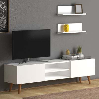 Plane Modern Tv Stand For Living Room, Tv Unit Media With Two Shelf Solid Beech Wood Legs -White