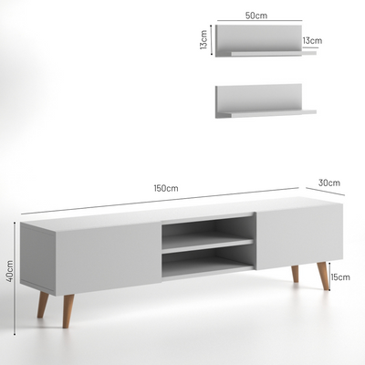 Plane Modern Tv Stand For Living Room, Tv Unit Media With Two Shelf Solid Beech Wood Legs -White