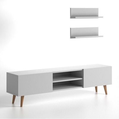 Plane Modern Tv Stand For Living Room, Tv Unit Media With Two Shelf Solid Beech Wood Legs -White