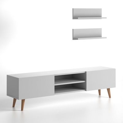 Plane Modern Tv Stand For Living Room, Tv Unit Media With Two Shelf Solid Beech Wood Legs -White