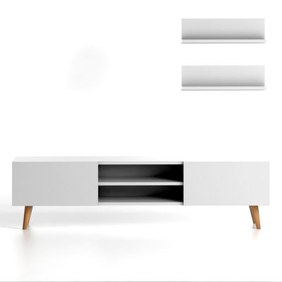 Plane Modern Tv Stand For Living Room, Tv Unit Media With Two Shelf Solid Beech Wood Legs -White