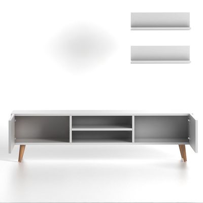 Plane Modern Tv Stand For Living Room, Tv Unit Media With Two Shelf Solid Beech Wood Legs -White