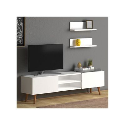 Plane Modern Tv Stand For Living Room, Tv Unit Media With Two Shelf Solid Beech Wood Legs -White
