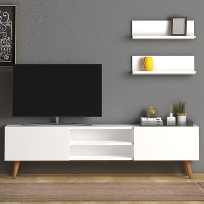 Plane Modern Tv Stand For Living Room, Tv Unit Media With Two Shelf Solid Beech Wood Legs -White