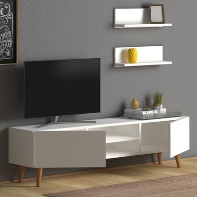 Plane Modern Tv Stand For Living Room, Tv Unit Media With Two Shelf Solid Beech Wood Legs -White