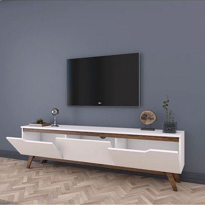 Tv Unit Modern Free Standing Tv Stand 180 Cm - White And Walnut