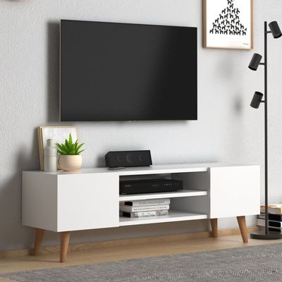 Etna Modern Tv Stand For Living Room, Tv Unit Media Solid Beech Wood Legs - White