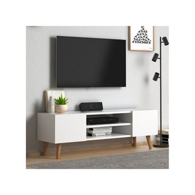 Etna Modern Tv Stand For Living Room, Tv Unit Media Solid Beech Wood Legs - White