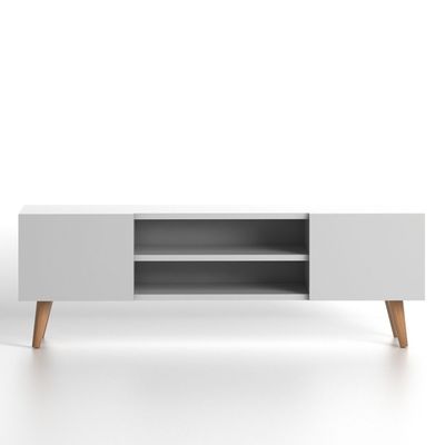 Etna Modern Tv Stand For Living Room, Tv Unit Media Solid Beech Wood Legs - White