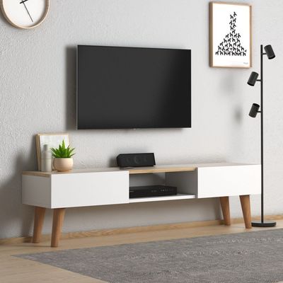 Home Canvas Atlantis Modern Tv Stand For Living Room, Tv Unit Media With Wall Mount Shelf, White