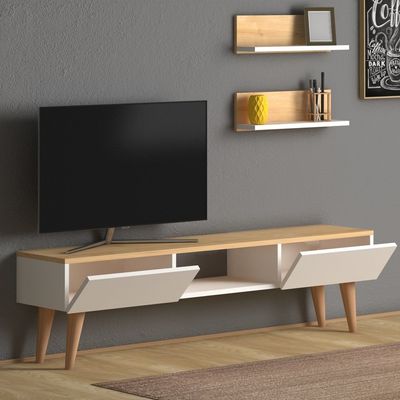 Home Canvas Atlantis Modern Tv Stand For Living Room, Tv Unit Media With Wall Mount Shelf, White