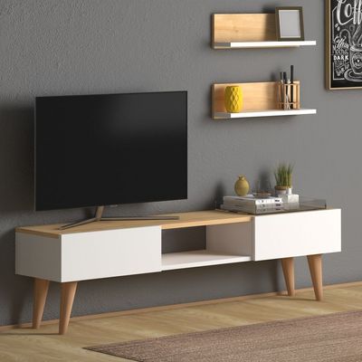 Home Canvas Atlantis Modern Tv Stand For Living Room, Tv Unit Media With Wall Mount Shelf, White