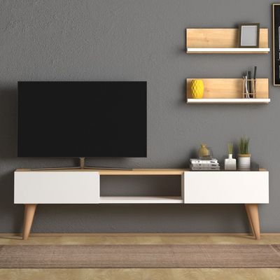 Home Canvas Atlantis Modern Tv Stand For Living Room, Tv Unit Media With Wall Mount Shelf, White