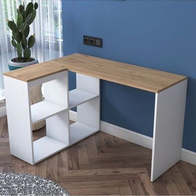 Study Office Computer Desk Corner Table With 4 Shelves 120Cm White - Walnut