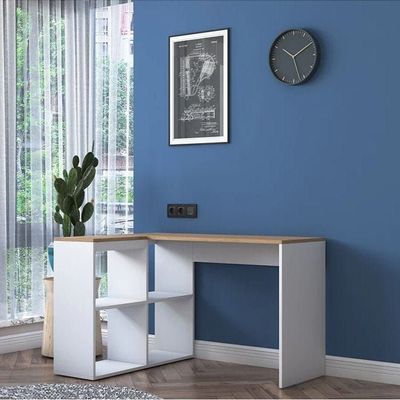 Study Office Computer Desk Corner Table With 4 Shelves 120Cm White - Walnut