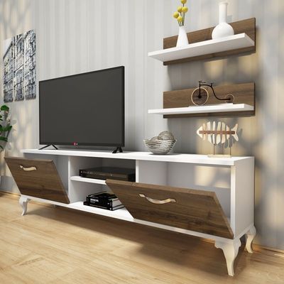 Home Canvas Tv Stand With Wall Shelf Tv Unit With Bookshelf Modern Pedestal Design 150 Cm - White And Antique Dark