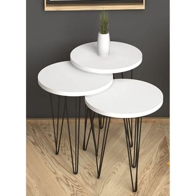 Fiona Nested End Table Set Of Three For Living Room Home Office Contemporary Stacking End Side Table Leisure Night Stand Metal Legs Telephone Table- White